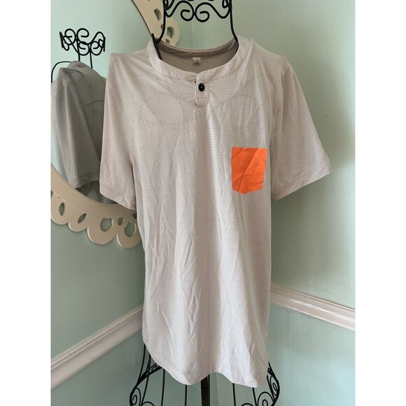 LULULEMON mens gray white stripe on button shirt orange pocket s - Picture 1 of 5